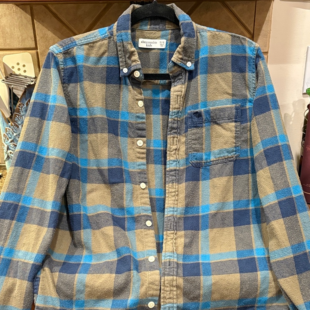 Abercrombie & Fitch Blue and Tan Plaid Button-Down Shirt
